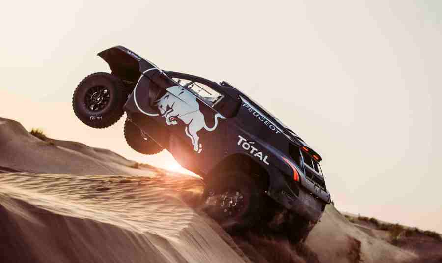 Carlos Sainz performs during the Peugeot test in Erfoud, Morocco, on September 14th, 2015